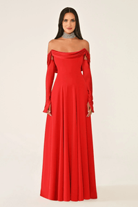 DEGAJE YAKA DETAYLI  KLOŞ  KESİM  KOLLU UZUN ABİYE ELBİSE