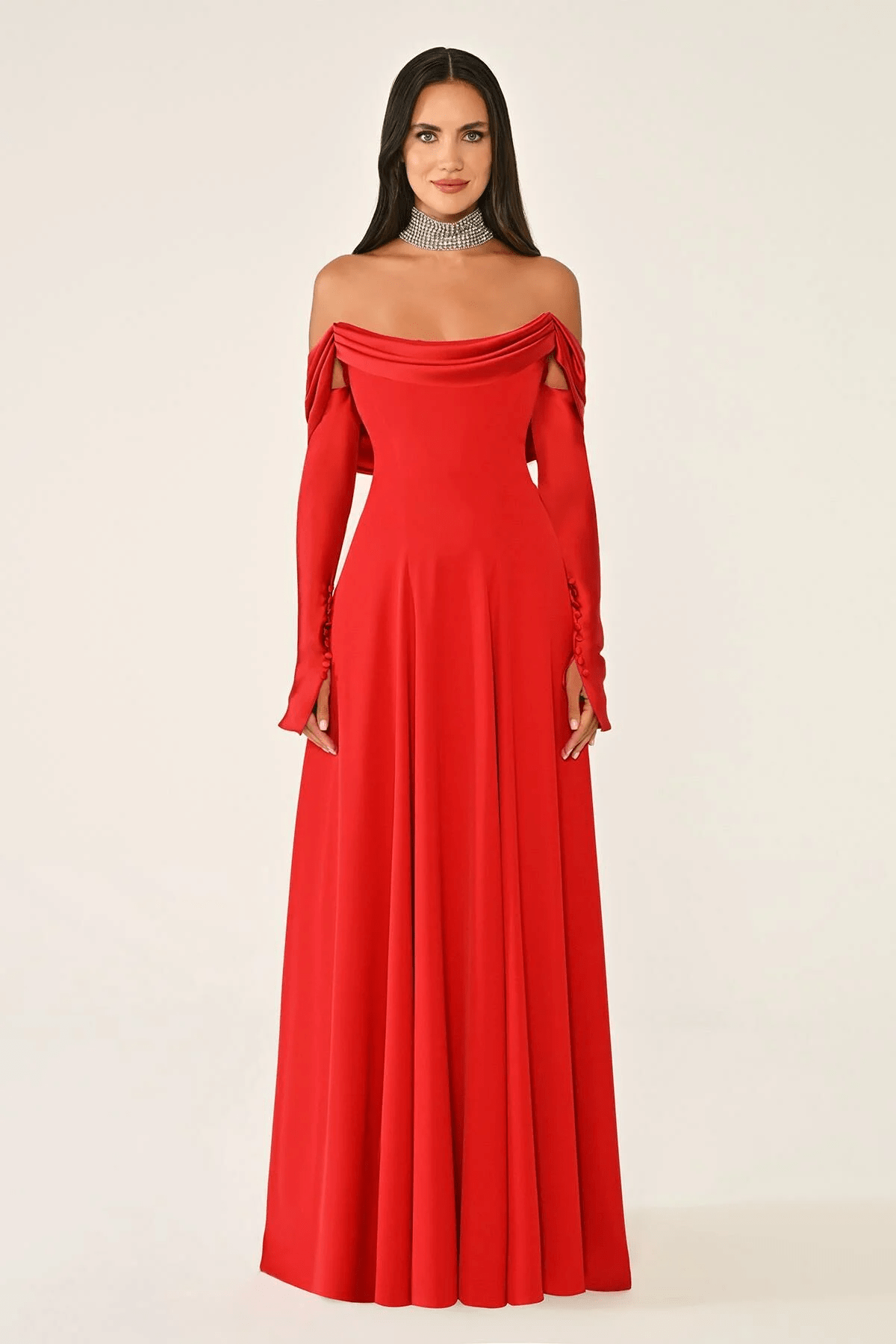 DEGAJE YAKA DETAYLI  KLOŞ  KESİM  KOLLU UZUN ABİYE ELBİSE