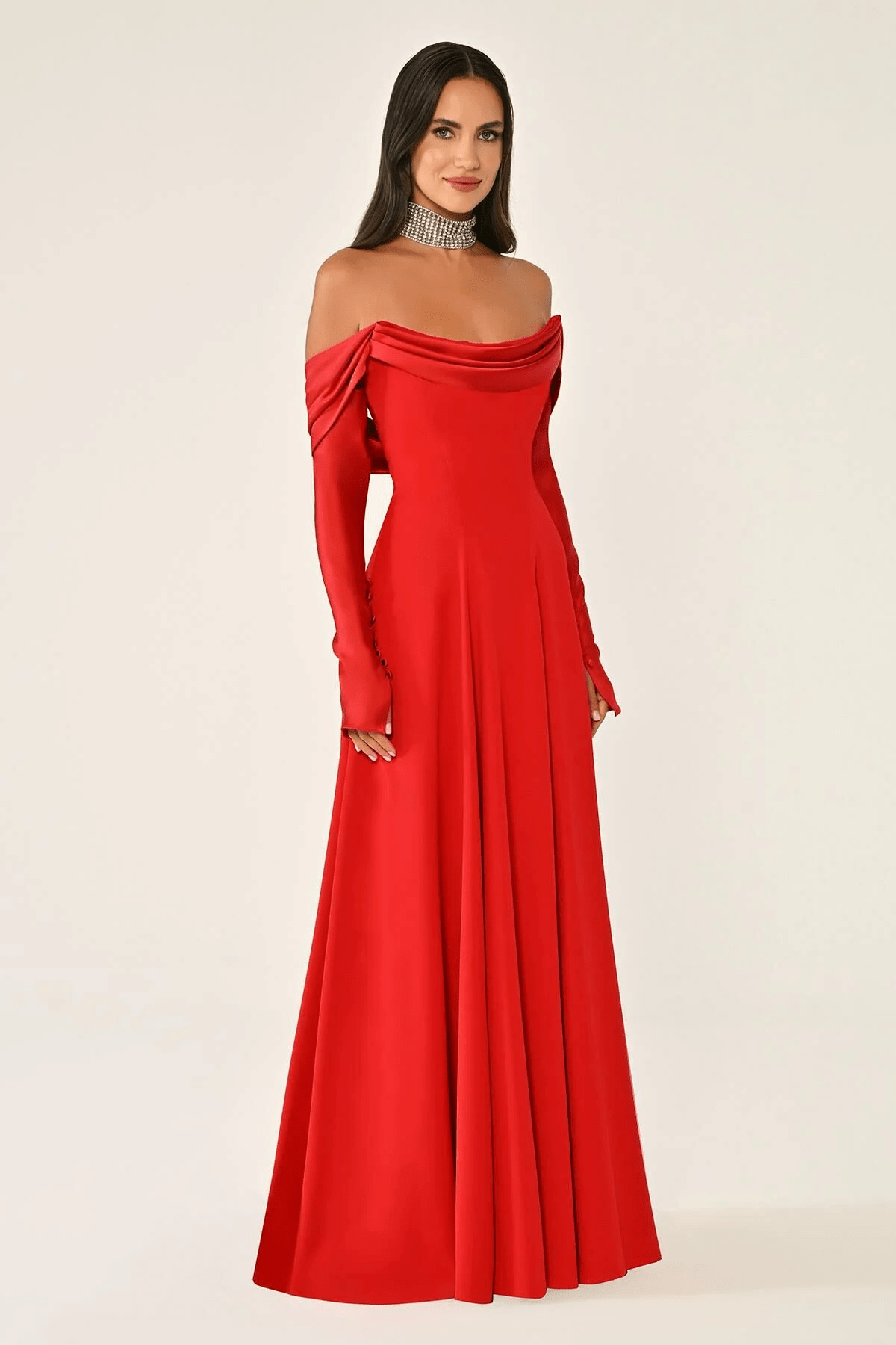 DEGAJE YAKA DETAYLI  KLOŞ  KESİM  KOLLU UZUN ABİYE ELBİSE