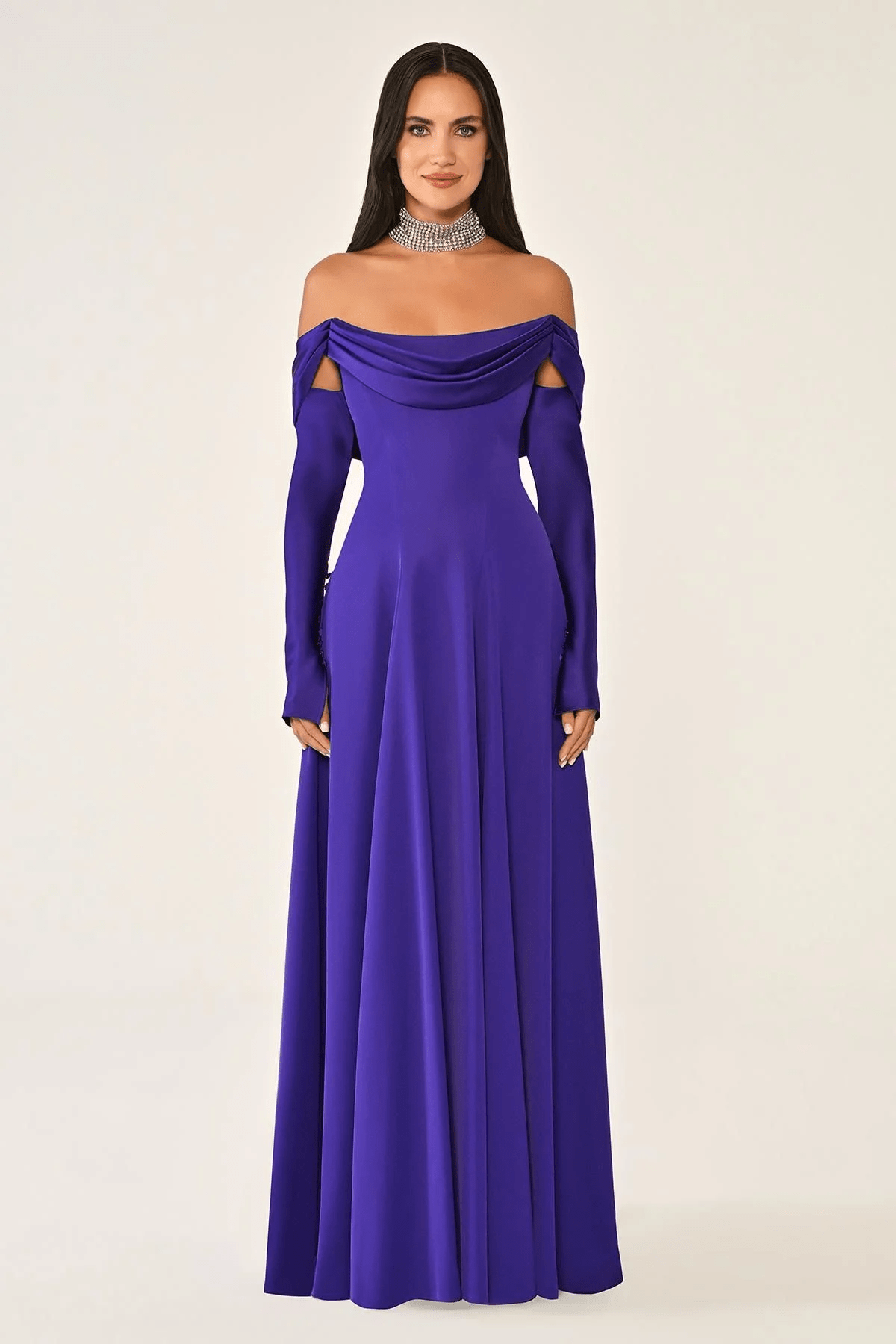 DEGAJE YAKA DETAYLI  KLOŞ  KESİM  KOLLU UZUN ABİYE ELBİSE