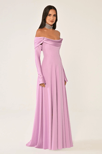 DEGAJE YAKA DETAYLI  KLOŞ  KESİM  KOLLU UZUN ABİYE ELBİSE