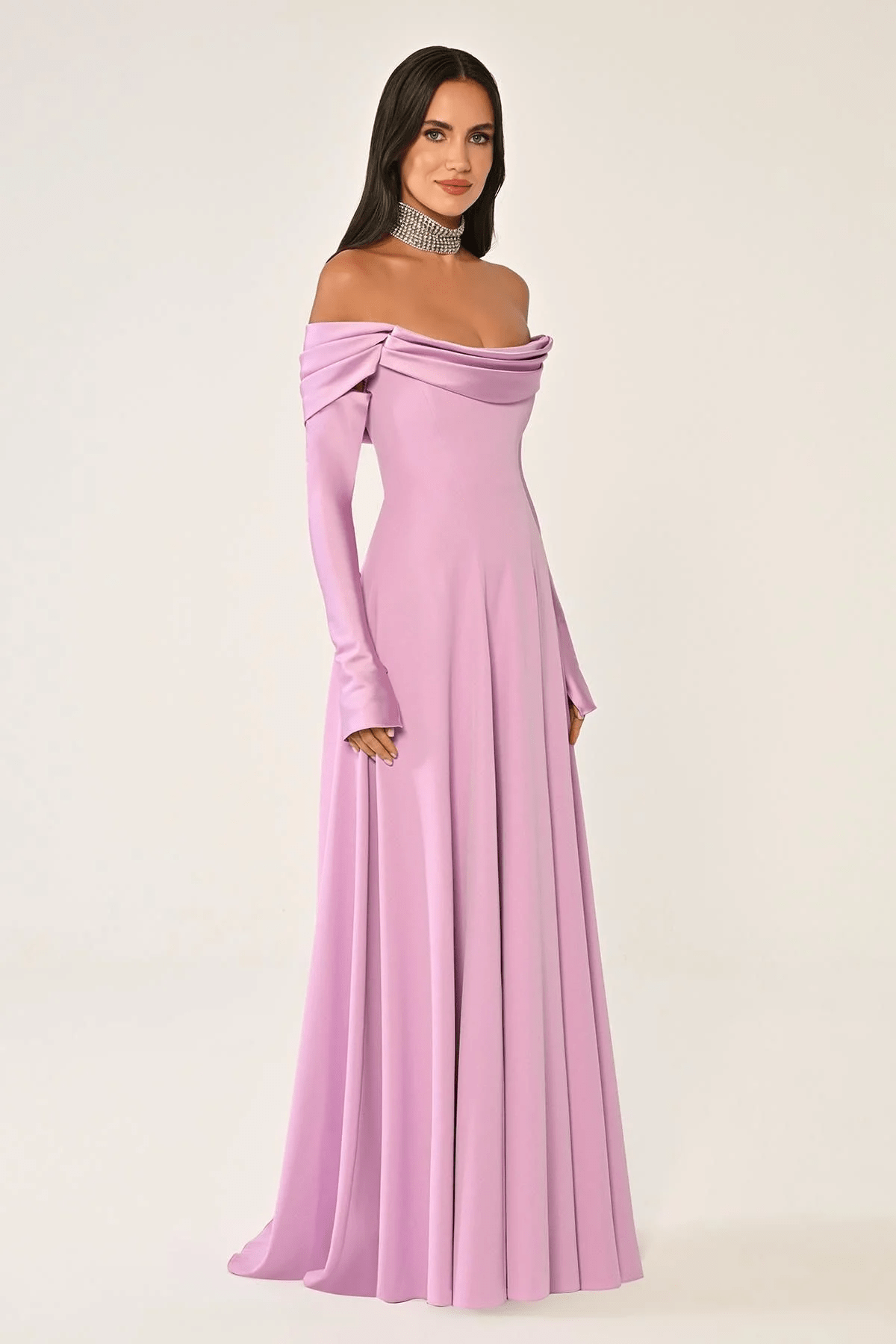 DEGAJE YAKA DETAYLI  KLOŞ  KESİM  KOLLU UZUN ABİYE ELBİSE