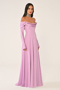 DEGAJE YAKA DETAYLI  KLOŞ  KESİM  KOLLU UZUN ABİYE ELBİSE