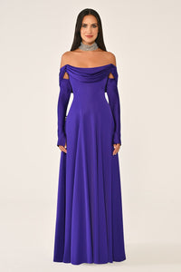 DEGAJE YAKA DETAYLI  KLOŞ  KESİM  KOLLU UZUN ABİYE ELBİSE