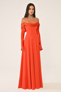 DEGAJE YAKA DETAYLI  KLOŞ  KESİM  KOLLU UZUN ABİYE ELBİSE