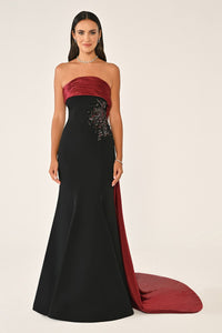 STRAPLEZ ÜSTÜ İŞLETMELİ KUYRUKLU KREP UZUN ABİYE ELBİSE