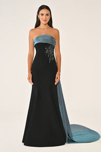 STRAPLEZ ÜSTÜ İŞLETMELİ KUYRUKLU KREP UZUN ABİYE ELBİSE