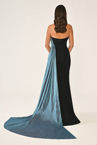 STRAPLEZ ÜSTÜ İŞLETMELİ KUYRUKLU KREP UZUN ABİYE ELBİSE