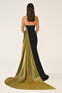 STRAPLEZ ÜSTÜ İŞLETMELİ KUYRUKLU KREP UZUN ABİYE ELBİSE