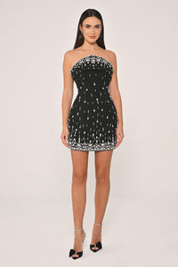 ABİYE STRAPLEZ YAKA TAŞ İŞLEMELİ MİNİ ABİYE ELBİSE