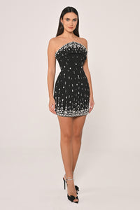 ABİYE STRAPLEZ YAKA TAŞ İŞLEMELİ MİNİ ABİYE ELBİSE