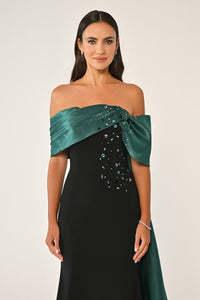 ORGANZE DETAYLI TAŞ İŞLEMELİ KUŞAKLI BALIK UZUN ABİYE ELBİSE