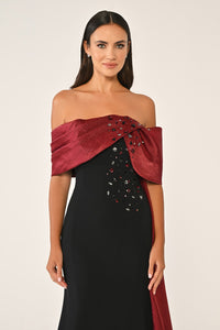 ORGANZE DETAYLI TAŞ İŞLEMELİ KUŞAKLI BALIK UZUN ABİYE ELBİSE