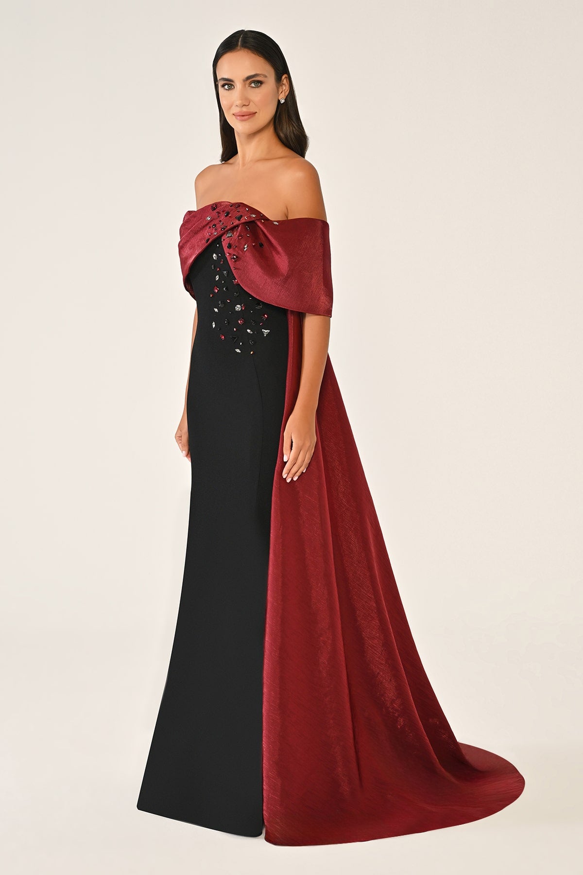 ORGANZE DETAYLI TAŞ İŞLEMELİ KUŞAKLI BALIK UZUN ABİYE ELBİSE