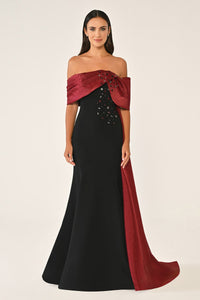 ORGANZE DETAYLI TAŞ İŞLEMELİ KUŞAKLI BALIK UZUN ABİYE ELBİSE