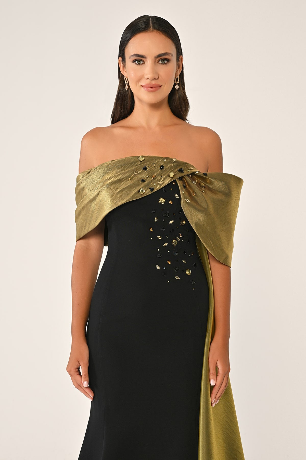 ORGANZE DETAYLI TAŞ İŞLEMELİ KUŞAKLI BALIK UZUN ABİYE ELBİSE