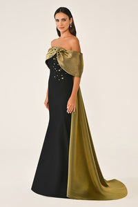 ORGANZE DETAYLI TAŞ İŞLEMELİ KUŞAKLI BALIK UZUN ABİYE ELBİSE