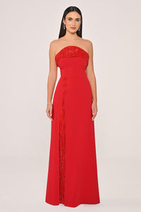 STRAPLEZ BONCUK İŞLEMELİ YIRTMAÇLI UZUN ABİYE ELBİSE