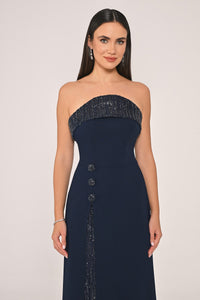 STRAPLEZ BONCUK İŞLEMELİ YIRTMAÇLI UZUN ABİYE ELBİSE