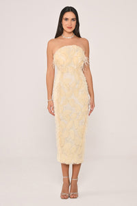 İNCİ VE OTRİŞLİ ÜÇ BOYUT ÇİÇEK DETAYLI MİDİ ABİYE ELBİSE