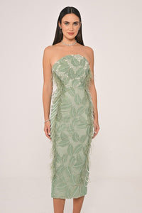 İNCİ VE OTRİŞLİ ÜÇ BOYUT ÇİÇEK DETAYLI MİDİ ABİYE ELBİSE