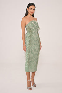 İNCİ VE OTRİŞLİ ÜÇ BOYUT ÇİÇEK DETAYLI MİDİ ABİYE ELBİSE