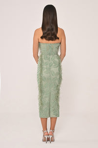 İNCİ VE OTRİŞLİ ÜÇ BOYUT ÇİÇEK DETAYLI MİDİ ABİYE ELBİSE