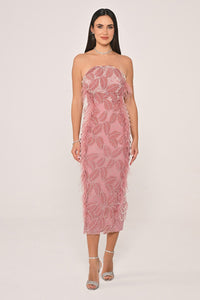 İNCİ VE OTRİŞLİ ÜÇ BOYUT ÇİÇEK DETAYLI MİDİ ABİYE ELBİSE