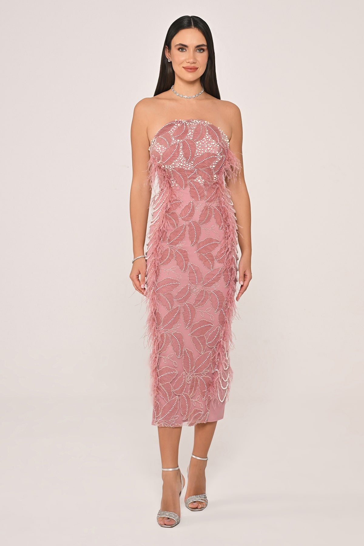 İNCİ VE OTRİŞLİ ÜÇ BOYUT ÇİÇEK DETAYLI MİDİ ABİYE ELBİSE