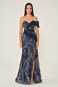 DÜŞÜK OMUZ PAYETLİ  YIRTMAÇLI UZUN ABİYE ELBİSE