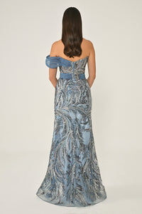 DÜŞÜK OMUZ PAYETLİ  YIRTMAÇLI UZUN ABİYE ELBİSE