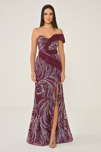 DÜŞÜK OMUZ PAYETLİ  YIRTMAÇLI UZUN ABİYE ELBİSE