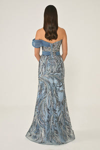 DÜŞÜK OMUZ PAYETLİ  YIRTMAÇLI UZUN ABİYE ELBİSE