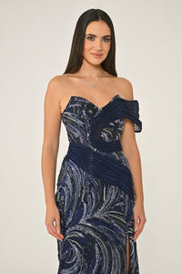 DÜŞÜK OMUZ PAYETLİ  YIRTMAÇLI UZUN ABİYE ELBİSE