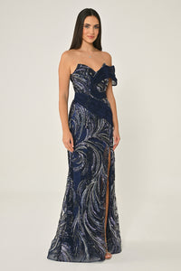 DÜŞÜK OMUZ PAYETLİ  YIRTMAÇLI UZUN ABİYE ELBİSE