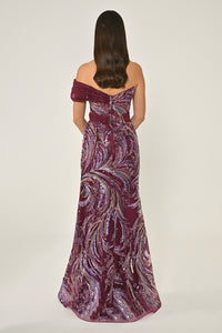 DÜŞÜK OMUZ PAYETLİ  YIRTMAÇLI UZUN ABİYE ELBİSE