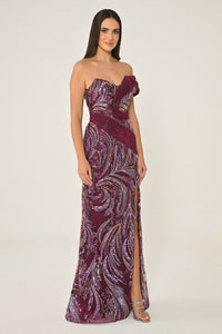 DÜŞÜK OMUZ PAYETLİ  YIRTMAÇLI UZUN ABİYE ELBİSE