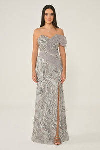 DÜŞÜK OMUZ PAYETLİ  YIRTMAÇLI UZUN ABİYE ELBİSE