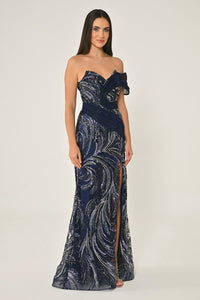 DÜŞÜK OMUZ PAYETLİ  YIRTMAÇLI UZUN ABİYE ELBİSE