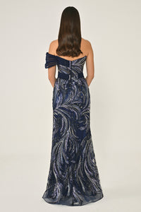 DÜŞÜK OMUZ PAYETLİ  YIRTMAÇLI UZUN ABİYE ELBİSE