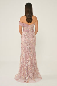 DÜŞÜK OMUZ PAYETLİ  YIRTMAÇLI UZUN ABİYE ELBİSE