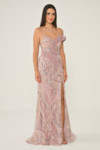 DÜŞÜK OMUZ PAYETLİ  YIRTMAÇLI UZUN ABİYE ELBİSE