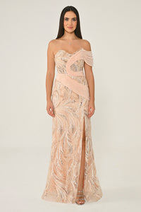 DÜŞÜK OMUZ PAYETLİ  YIRTMAÇLI UZUN ABİYE ELBİSE