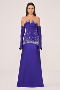 STRAPLEZ TAŞ İŞLEMELİ KOL DETAYLI UZUN ABİYE ELBİSE