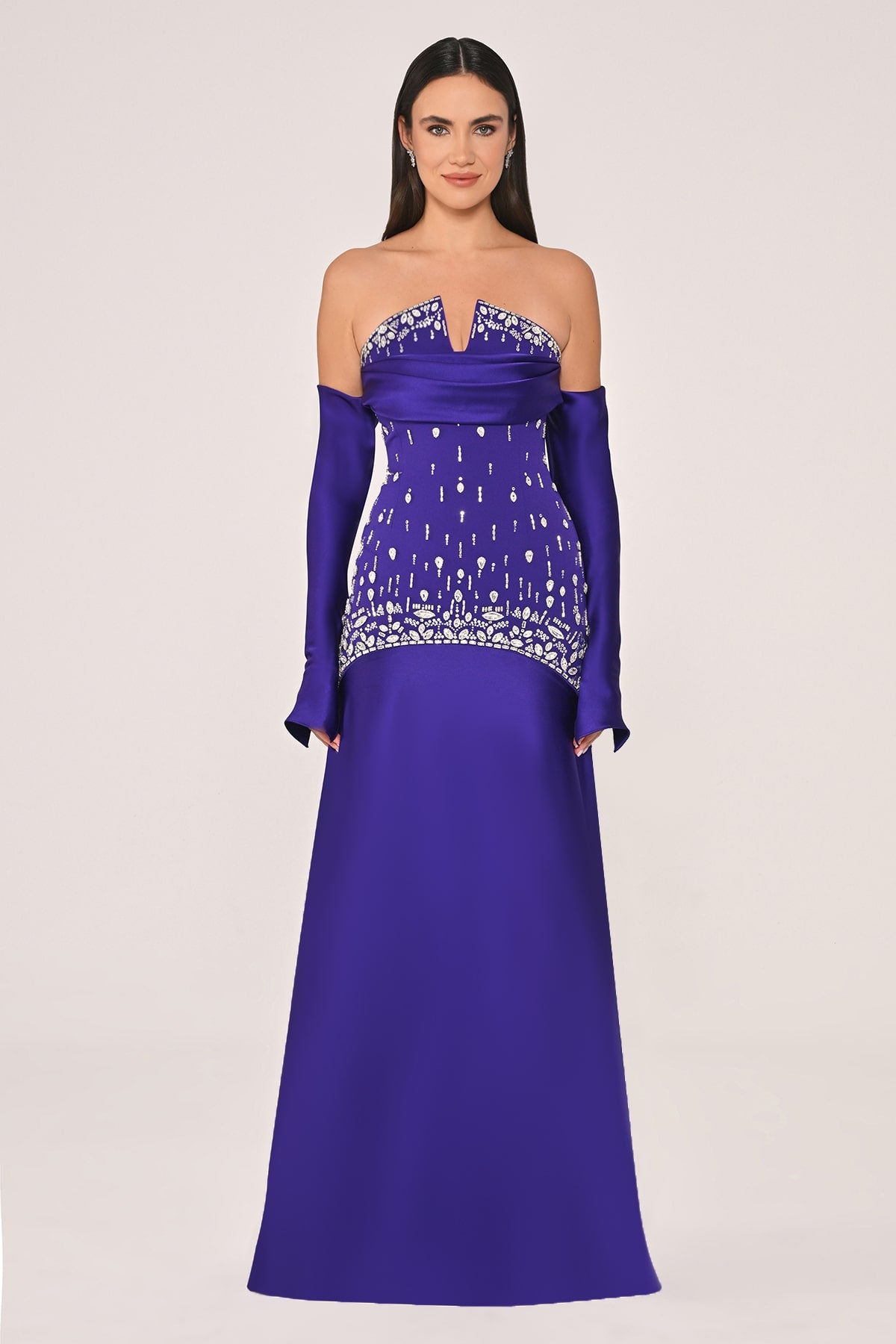 STRAPLEZ TAŞ İŞLEMELİ KOL DETAYLI UZUN ABİYE ELBİSE