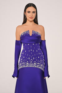 STRAPLEZ TAŞ İŞLEMELİ KOL DETAYLI UZUN ABİYE ELBİSE