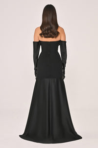 STRAPLEZ TAŞ İŞLEMELİ KOL DETAYLI UZUN ABİYE ELBİSE