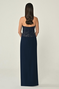 V YAKA ÜSTÜ PAYET ETEĞİ KREP UZUN ABİYE ELBİSE