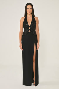 V YAKA ÜSTÜ PAYET ETEĞİ KREP UZUN ABİYE ELBİSE