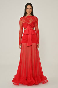 LEZ DANTEL SATEN BAGLAMALI TRANSPARAN ETEGİ ŞİFON UZUN ABİYE ELBİSE